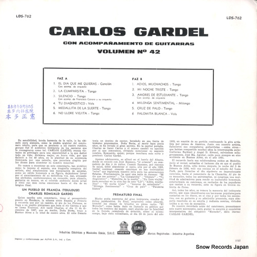 GARDEL, CARLOS carlos gardel con guitarras volumen no.42 LDS-762