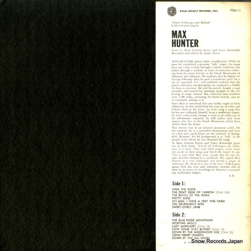 HUNTER, MAX ozark folksongs and ballads FSA-11