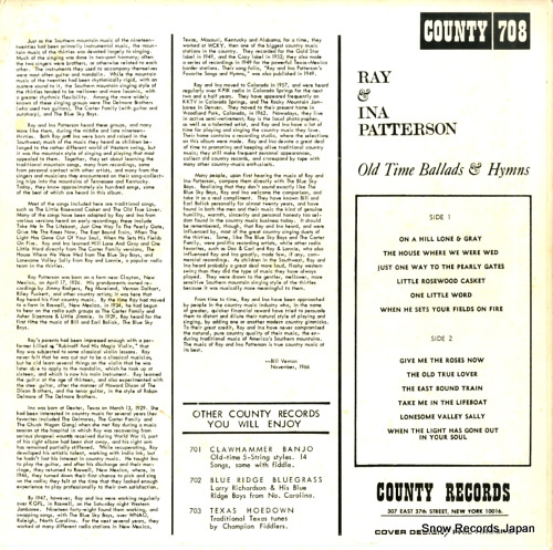 PATTERSON, RAY AND INA old time ballads & hymns COUNTY708