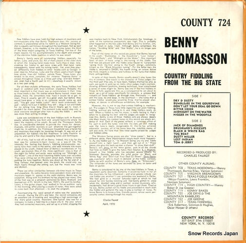 THOMASSON, BENNY country fiddling from the big state COUNTY724