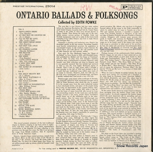 FOWKE, EDITH ontario ballads & folksongs INT25014