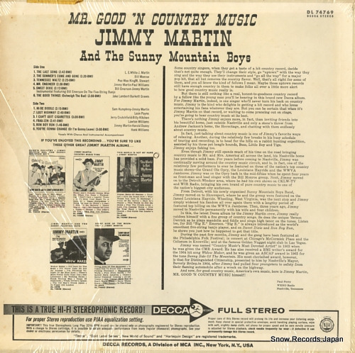 MARTIN, JIMMY, AND THE SUNNY MOUNTAIN BOYS mr good 'n country music DL74769