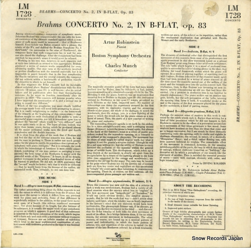 RUBINSTEIN, ARTUR brahms; concerto no.2 LM-1728