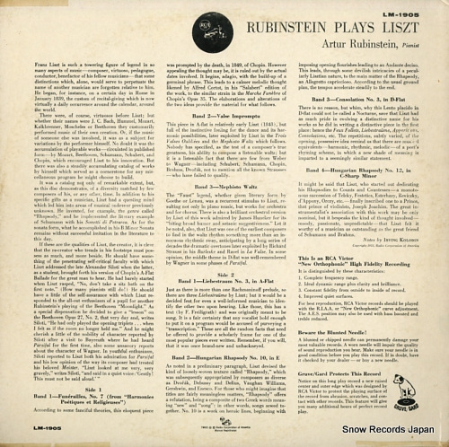 RUBINSTEIN, ARTUR rubinstein plays liszt LM-1905