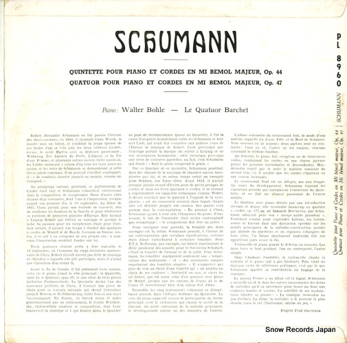 BOHLE, WALTER schumann; quintette avec piano en mi bemol majeur op.44 PL8960