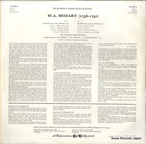 BUDAPEST STRING QUARTET, THE mozart; quartet no.14, no.15 A01125L