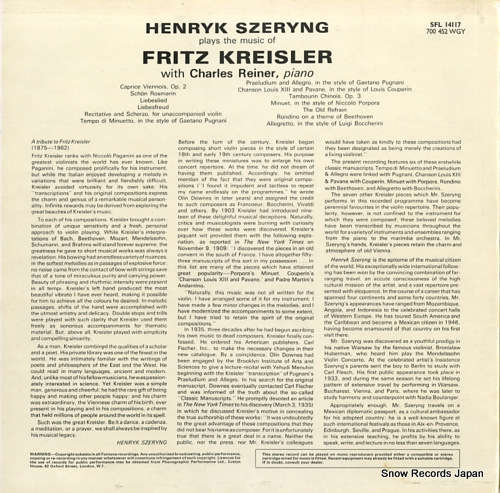 SZERYNG, HENRYK henryk szeryng plays fritz kreisler SFL14117