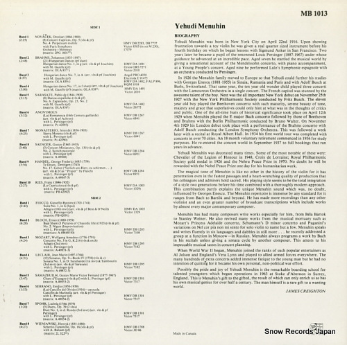MENUHIN, YEHUDI masters of the bow - yehudi menuhin vol.1 MB1013