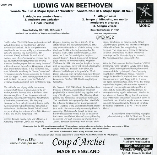 MARTZY, JOHANNA beethoven; sonatas for violin and piano no.9 