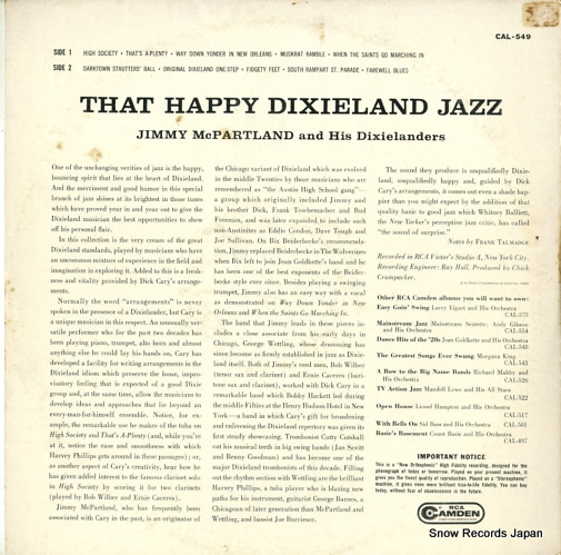 MCPARTLAND, JIMMY, AND HIS DIXIELAND BAND that happy dixieland jazz CAL-549