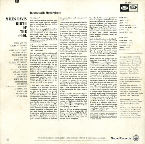 DAVIS, MILES birth of the cool DT1974