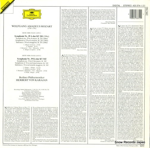 KARAJAN, HERBERT VON mozart; symphonien nos. 29&39 423374-1