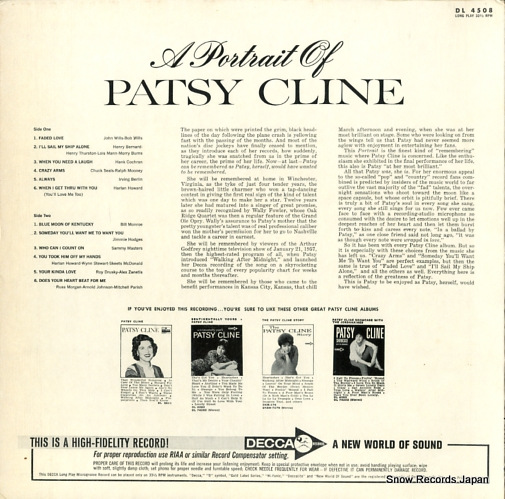 CLINE, PATSY a portrait of patsy cline DL4508
