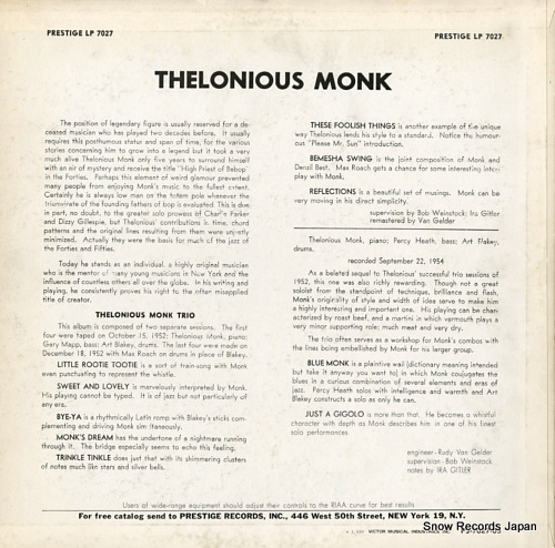 MONK, THELONIOUS the thelonious monk trio PJ-7027-05