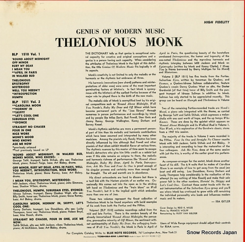 MONK, THELONIOUS genious of modern music thelonious monk volume 2 BLP-1511