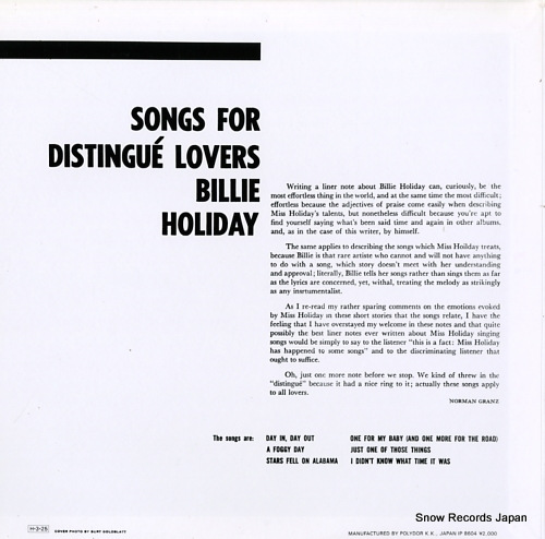 HOLIDAY, BILLIE songs for distingue lovers 20MJ-0068