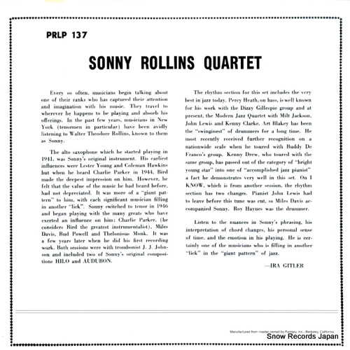 ˡ sonny rollins quartet PRLP137